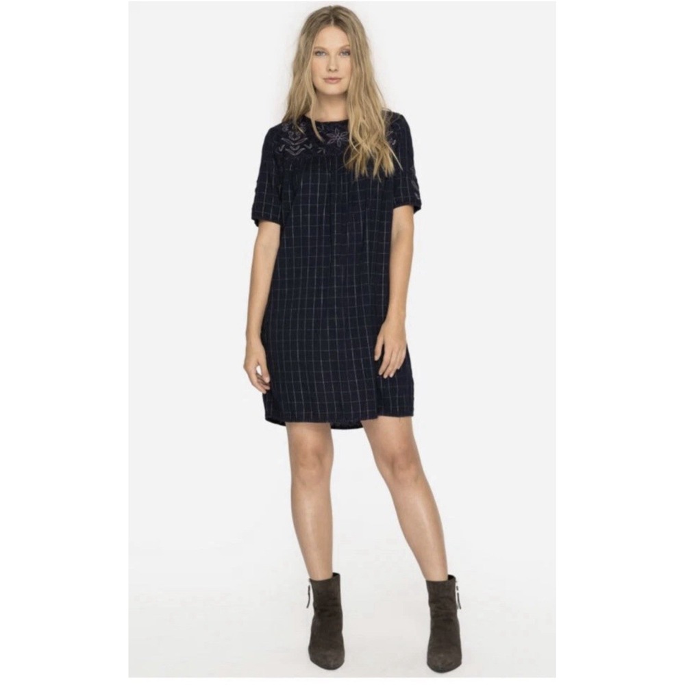 Johnny Was Alaric Yoke Peasant Dress Navy‎ Plaid Metallic Thread Embodied SzS